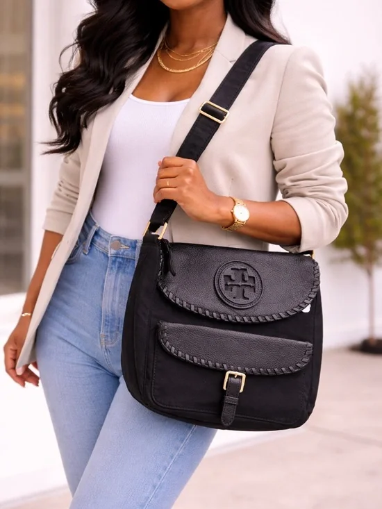 Tory Burch Marion Black Nylon Whipstitch Messenger/Diaper Bag - Picture 1 of 8